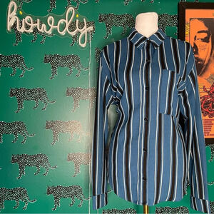 NWOT Wild Fable Blue and Black Striped Button Up Long Sleeve Blouse Size M